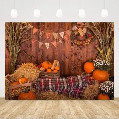 Fall Thanksgiving Photography Backdrop Rustic Wooden- 5x3ft Autumn Pumpkins
