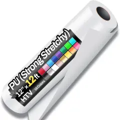 12" x 12ft Heat Transfer Vinyl Rolls, PU (Strong Stretchy) HTV Vinyl White for Shirts