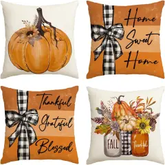 Set of 4 Fall Pumpkin Home Sweet Home Throw Pillow Covers 18 x 18 Inch