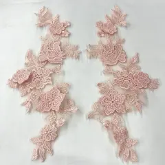 1 Pair 3D Floral Lace Applique Embroidered on 100% Polyester Net Mesh 12" x 4" Each Side Peach