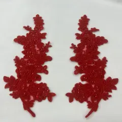1 Pair Beaded & Corded Floral Lace Applique 100% Polyester Net Mesh 12" X 3.5" Each Side Red