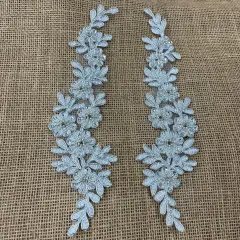 1 Pair 9.5" x 2" Each Side Beaded & Corded Floral Lace Applique Embroidered on 100% Polyester Net Mesh Metallic Silver