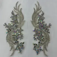 1 Pair 14" x 4" Each Side Crystal Rhinestone Beaded & Corded Lace 100% Polyester Pink AB Color