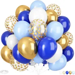Blue Gold Balloons, 12 Inch Royal Blue and Gold Balloons, Blue and White Gold Balloons Metallic Gold Star Confetti Latex Balloons