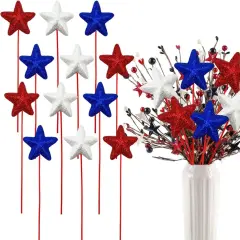 12 Pcs 4th of July Glitter Puffy Star Picks Americana Sparkly Red White Blue Patriotic Decor Foam Star Sticks for Memorial Day National Day Independence Day Party Table Centerpieces Decoration