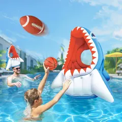 Summer Pool Wave Kids Shark Pool Toy, 3-in-1 Inflatable Float Water Game Basketball Football Head Hoop Toss