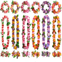Hawaiian Hula Leis sets Artificial Flowers Fabric Wreath Neck Loop Wristband Headband Dance Garland Leis Sets for Luau Party Costumes (6 sets;24 Pack)