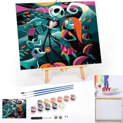 Jack Sally Paint by Numbers Kits for Adults, Halloween Paint by Number for Adults Beginner, Nightmare Before Christmas Paint by Numbers Kits on Canvas with Framed and Easel for Wall Decor 12x16in