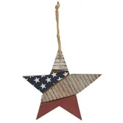 Rustic Americana Wooden Star Ornament Distressed Painted Wood & Galvanized Metal