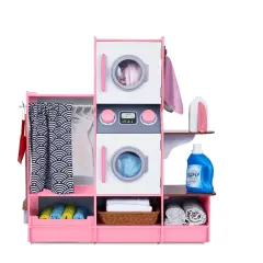 Lil' Jumbl Wooden Pretend Laundry Playset for Kids with Washer and Dryer Pink