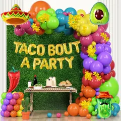 148 PCS Mexican Fiesta Party Decorations Fiesta Balloon Arch Kit Cactus Avocado Chili Sombrero Rainbow Color Balloons for Cinco De Mayo Mexican Birthday Taco Bout Party Supplies