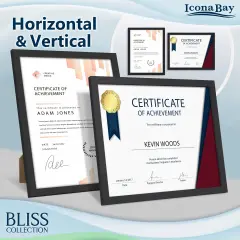 8.5x11 Black Certificate Frame, Modern Style Wood Composite Document Frame, Table Top or Wall Mount, Bliss Collection