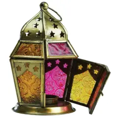In the Breeze 9208 &mdash; Pink & Yellow Hex Tealight Lantern &mdash; Moroccan-Style Boho Chic Tealight Glass and Metal Tabletop Lantern