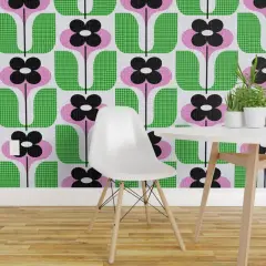 Pre-Pasted Wallpaper 2FT Wide Preppy Floral Pink Green Scandi Botanical Colorful Mid Century Modern Mod Custom Pre-pasted Wallpaper by Spoonflower