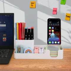 Pen Holder for Desk, Desktop Organizer with Mobile phone holder/Pencil Holders/Sticky Note Tray/Paperclip Storage and Office Stationery Accessories Caddy for Office Home School (White)