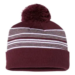 Sportsman&reg; Striped Pom Pom Cuffed Beanie Maroon W Grey