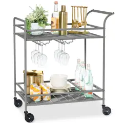 Best Choice Products 2-Tier Rolling Bar Cart Indoor/Outdoor w/ Storage Shelves, Wine Rack, Lockable Wheels Gray