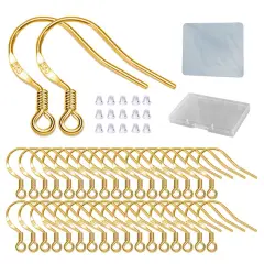 Gold Fishhook Earring Hooks - 120 PCS/60 Pairs 18K Gold Plated Hypoallergenic Ear Wires Fish Hooks for Jewelry Making, Jewelry Findings Parts with 120 PCS Rubber Earring Backs Stopper for DIY Earrings