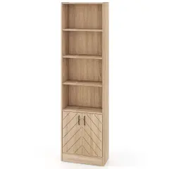 Oak Engineered Wood Bookcase with Vertical Strip Design Adjustable Shelf Double-Door Cabinet and Open Storage