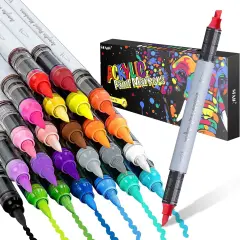 Acrylic Paint Markers, 24 Colors Dual Tips Acrylic Brush Markers With Chisel Tip, Automatic Ink Control, Ultra-High Coverage, No Bleed Water-Based Ink, Art Supplies for Rock, Canvas, Fabric