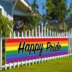 Happy Pride Fence Banner Rainbow LGBTQ+ Large Outdoor Pride Month Parade Banner Front Yard Garden Decoration Sign
