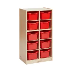 10 Cubby Mobile Tray Cabinet with 10 Scoop Front Storage Bins Red