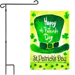 G128 Combo Pack: Garden Flag Stand Black 36x16 Inch & Garden Flag Happy St. Patrick's Day Leprechaun Hat 12x18 Inch