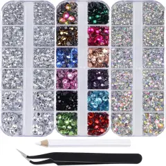 9500+ Flatback Round Rhinestones - 12-Colors and Clear Crystal