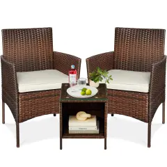 Best Choice Products 3-Piece Outdoor Wicker Conversation Patio Bistro Set, w/ 2 Chairs, Table Brown/White Sand