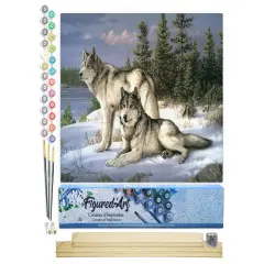 Figured'Art Paint by Numbers Kit for Adults Wolves Couple 16"x20" - Craft Art Painting Rolled Canvas with DIY wooden frame