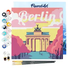 Figured'Art Mini Paint by Numbers Kit for Adults with Frame Travel Poster Berlin Small format 8"x8" - Craft Art Painting DIY Canvas Already Stretched on a Wooden Frame