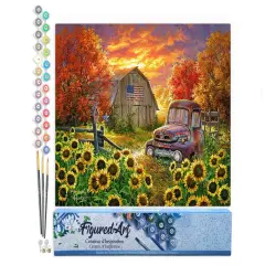 Figured'Art Paint by Numbers Kit for Adults Sunflowers in front of the barn 16"x20" - Craft Art Painting DIY Kit Rolled Canvas without frame