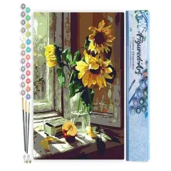 Figured'Art Paint by Numbers for Adults Sunflowers and apple in front of the window 16"x20" - Craft Art Painting DIY Kit Rolled Canvas without frame