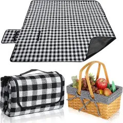 Picnic Basket Natural Woven Woodchip Basket with Double Folding Handles, Picnic Blanket Easter Basket for Easter Egg Candy Storage Spring Summer Camp(Black and White Grid)
