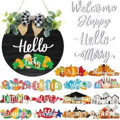 Interchangeable Wooden Seasonal Hello Sign Rustic Round Seasonal Wreaths