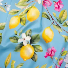 1 Yard Hand Painted Silk Charmeuse Fabric Sky Blue, Green and Yellow Lemon Tree Design 53 inch Width