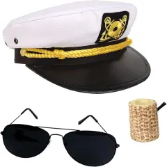 4E's Novelty Yacht Captain Hat Costume Accessories Set with Adjustable Hat, Aviator Sunglasses & Fake Pipe &ndash; Sailor Outfit Accessories for Adults, Men & Women &ndash; Nautical Party & Halloween Dress Up