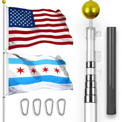 G128 Combo Pack: 25 Ft Telescoping Aluminum Flagpole (Silver) & American and Chicago Flags 3x5 Ft, Both StormFlyer Series Embroidered 220GSM Spun Polyester | Pole with Flags Included