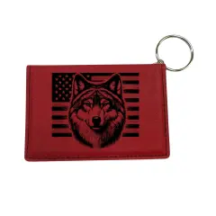 Keychain ID Holder Wallet - Wolf and US Flag - Leather Red/Black