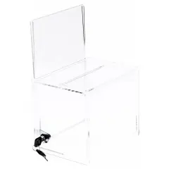 Plymor Clear Acrylic Locking Ballot / Collection Box With Sign Holder, 8" W x 6.5" D x 7" H (Holds 7.5" x 5" Sign)