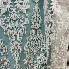 1 Yard Beaded & Corded Lace Fabric on 100% Polyester Net Mesh, White, 51" Wide, Embroidered Lace Fabric Ivory