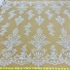 1 Yard Beaded Lace Fabric Embroidered on 100% Polyester Net Mesh, 53" Width, Premium Embroidery Lace Material White