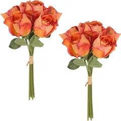 Artificial Rose Silk Flowers 2 Bouquets Vintage Roses 12pcs Orange Fake Rose with Single Long Stems Faux Flower for Home Table