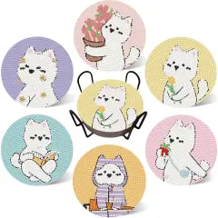6 Pcs 5D Diamond Painting Coasters Kits with Holder,Diamond Art Coasters Set for Drinks Coffee Table, Diamond Painting kit for Beginners Adults DIY Art Craft Gifts Home Decors (Boho) (cat)