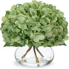 Hydrangea Artificial Flowers with Glass Vase Dark Green Silk Faux Flowers Arrangements in Vase with Faux Water Fake Floral Bulk Bouquet for Home Decor Table Centerpiece Decorations