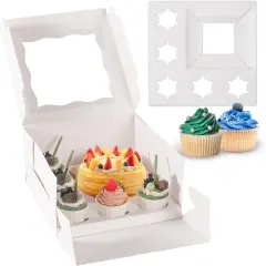 8 Packs 1+5 Cupcake Box Combo with Clear Window,1 small Cake and 5 Cupcakes Box with insert and Stickers, for Family Birthday Party Mother's day (1+5/8pcs)