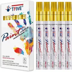 Gold Paint Marker Paint Pens - 5 Pack Oil Based Permanent Marker Pen, Medium Tip, Waterproof & Quick Dry