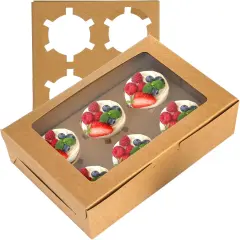 50 Pack Kraft Cupcake Box with Insert and Window Hold 6 Standard Cupcake, Food Grade Cupcake Carrier Container, Brown Bakery Box for Pastry, Cookies, Small Cake, Desserts Treat.