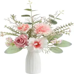 Artificial Flowers in Small Ceramic Vase-Blue Fake Flowers Floral Arrangements Silk Flower Home Decor Faux Flower Plant with Vase for Centerpiece Dining Table Decorations (Pink)