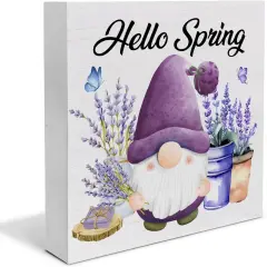 Spring Decor, Rustic Gnome Wood Sign Spring Lavender Tray Decoration Tabletop Shelf Desk Home Decor, 5 X 5 Inches